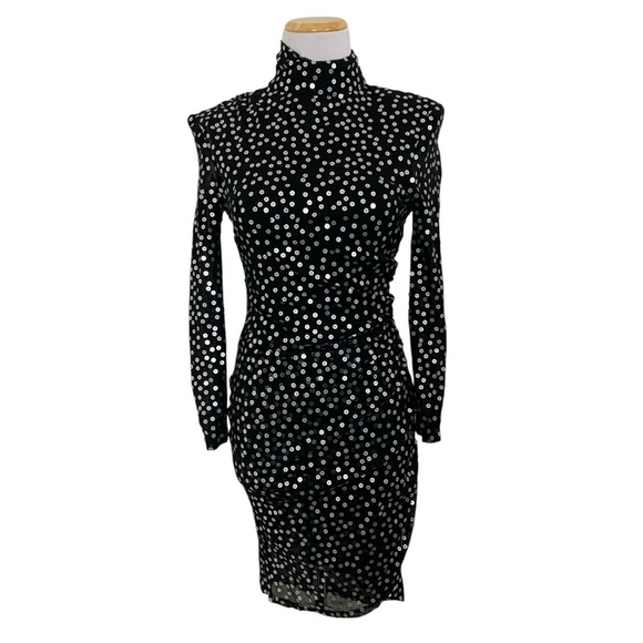 Cinq A Sept Marlene Mini Dress Womens 4 Black With Silver Sequins Ruched Side - Picture 4 of 17
